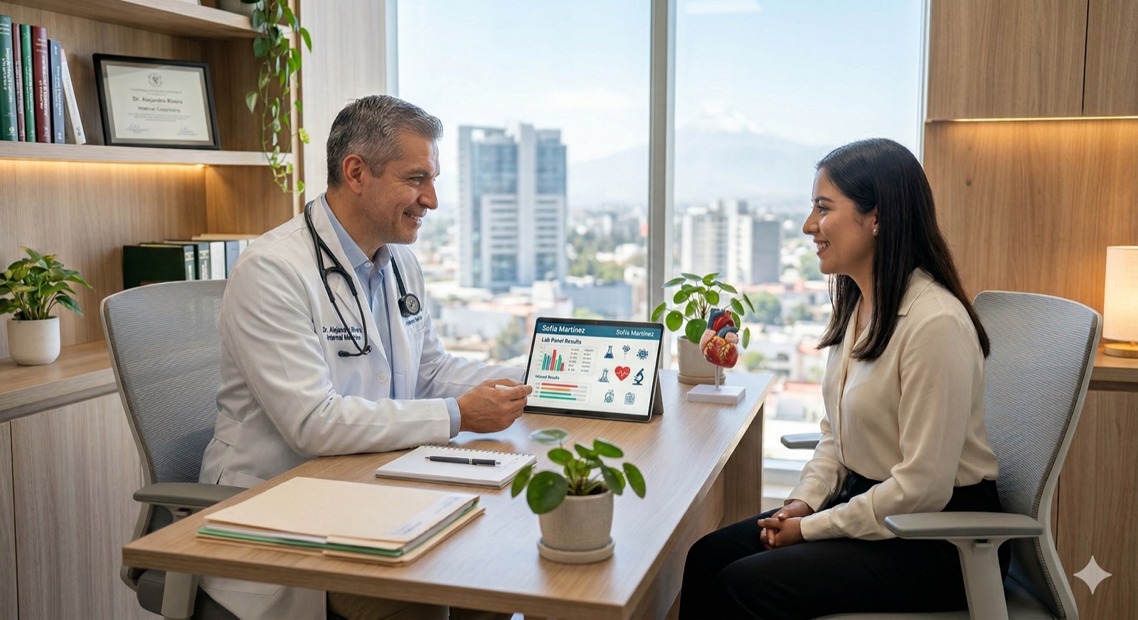 Médico corporativo gestionando exámenes médicos laborales de ingreso con nuevo colaborador