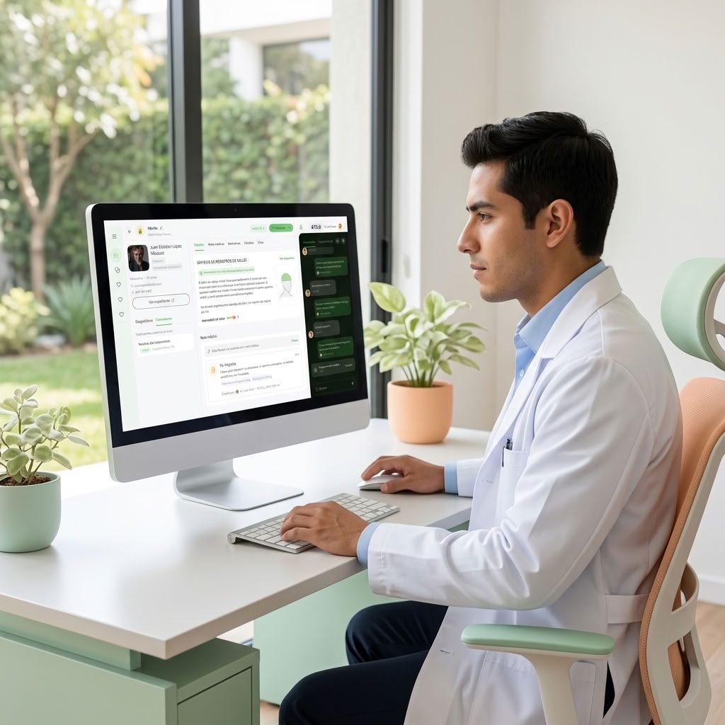 Médico revisando el sistema de registro clínico electrónico (SIRES) de un paciente en consulta