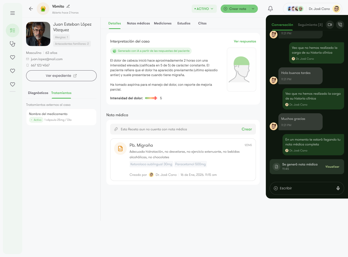 Intramed — clinical case view with clinical record, medical notes and conversation